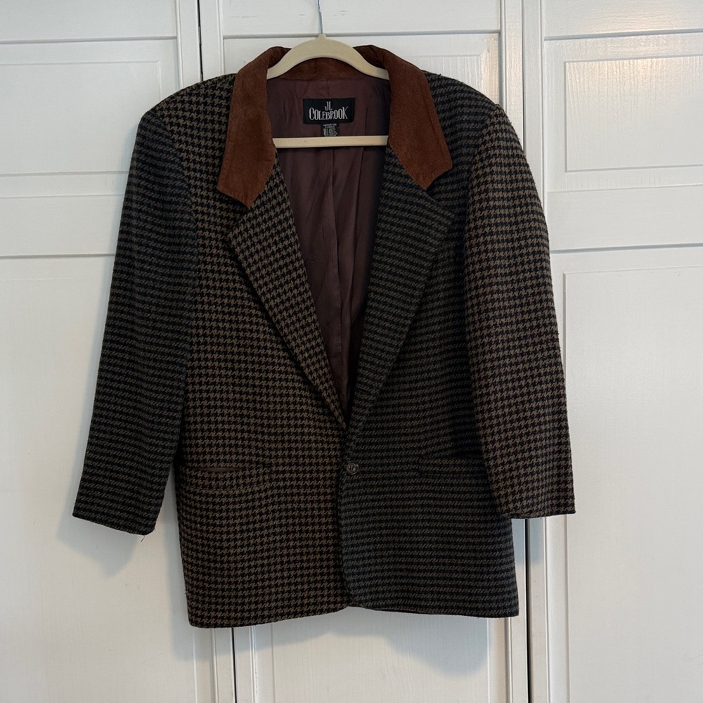 Vintage JL Colebrook Wool Brown Houndstooth Blazer with Suede Collar